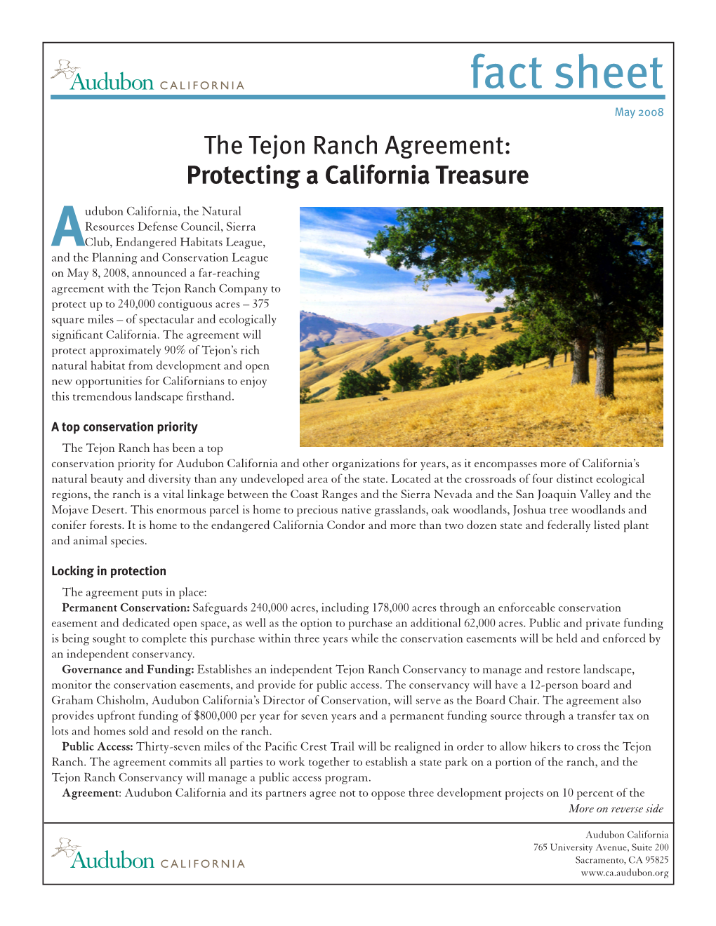 Fact Sheet May 2008 the Tejon Ranch Agreement: Protecting a California Treasure