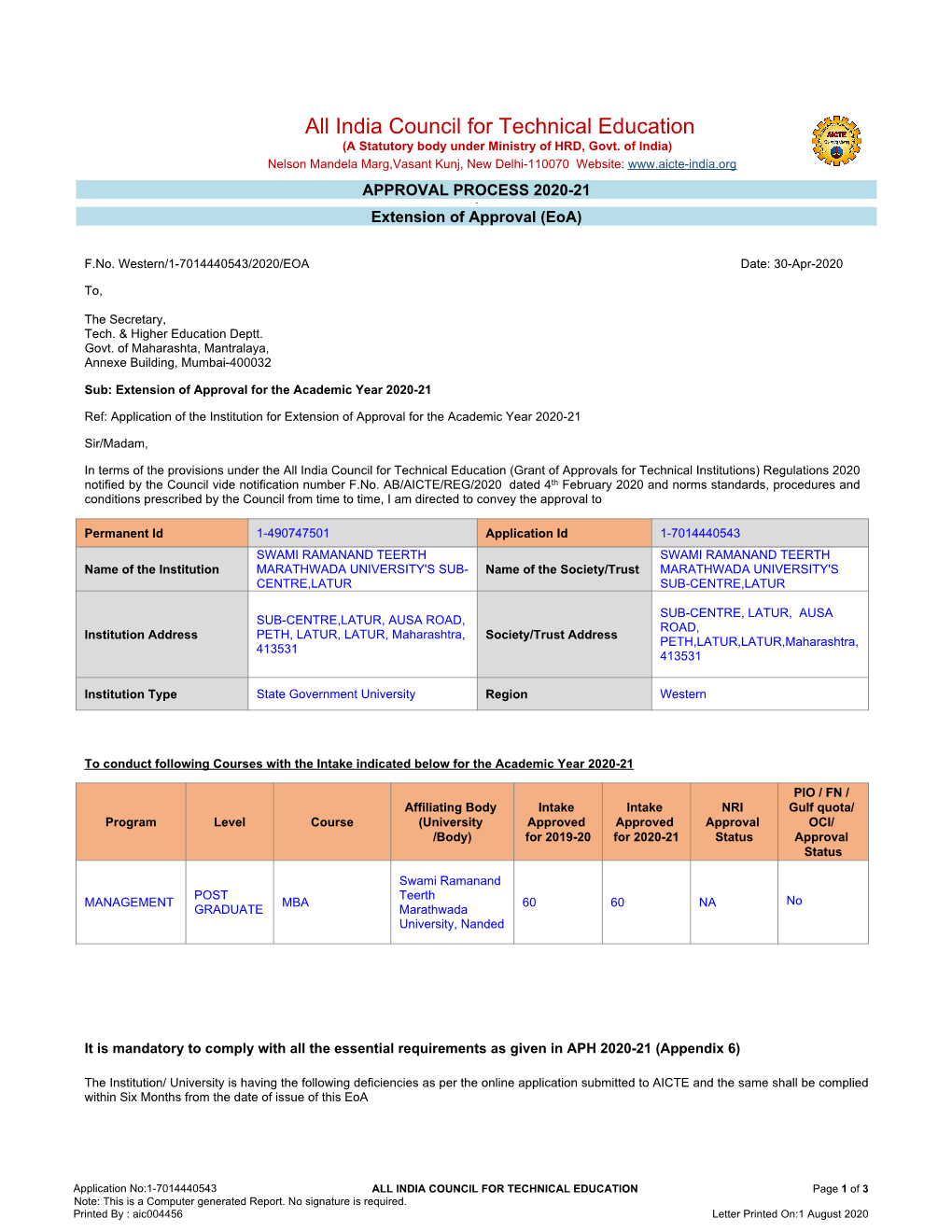 2020-21 - Extension of Approval (Eoa)