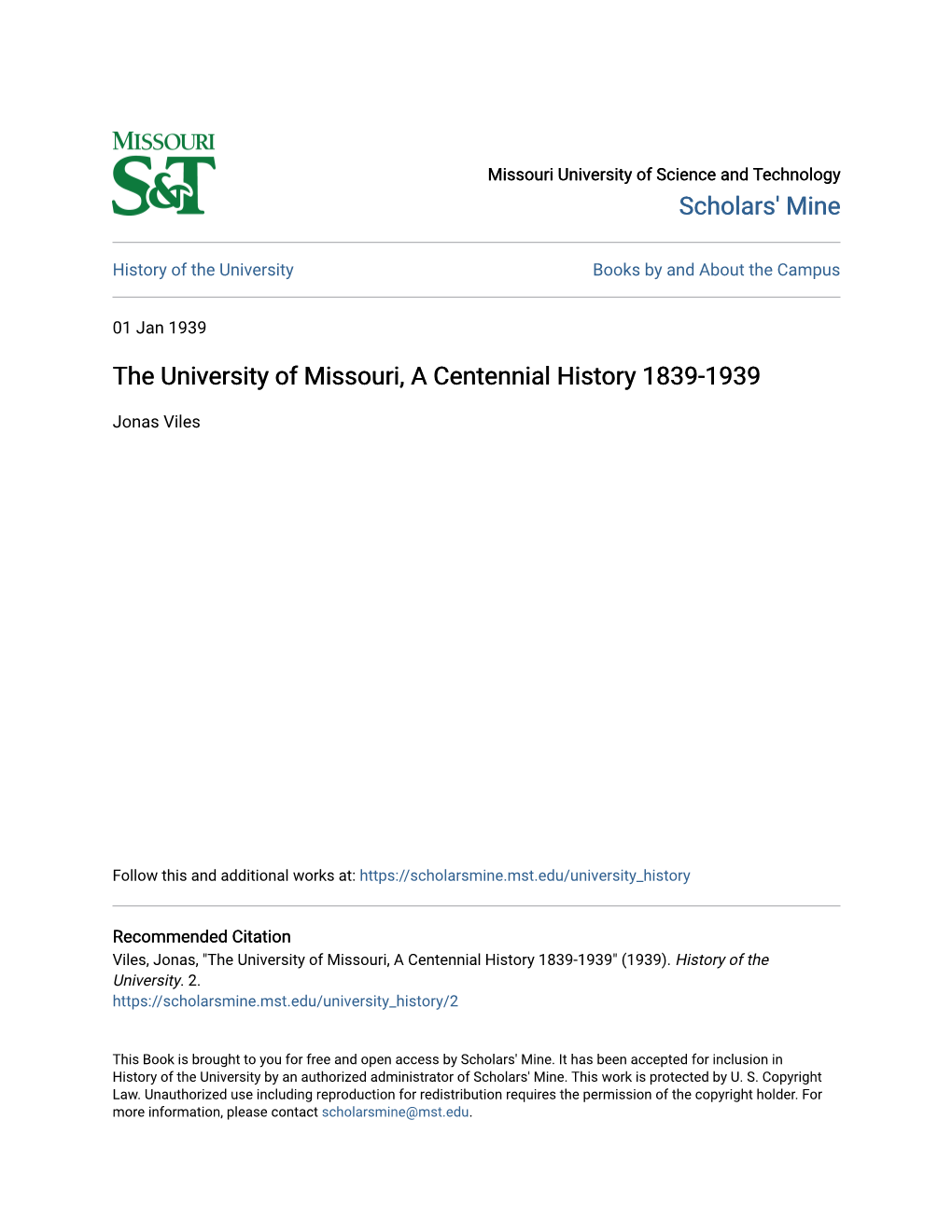 The University of Missouri, a Centennial History 1839-1939