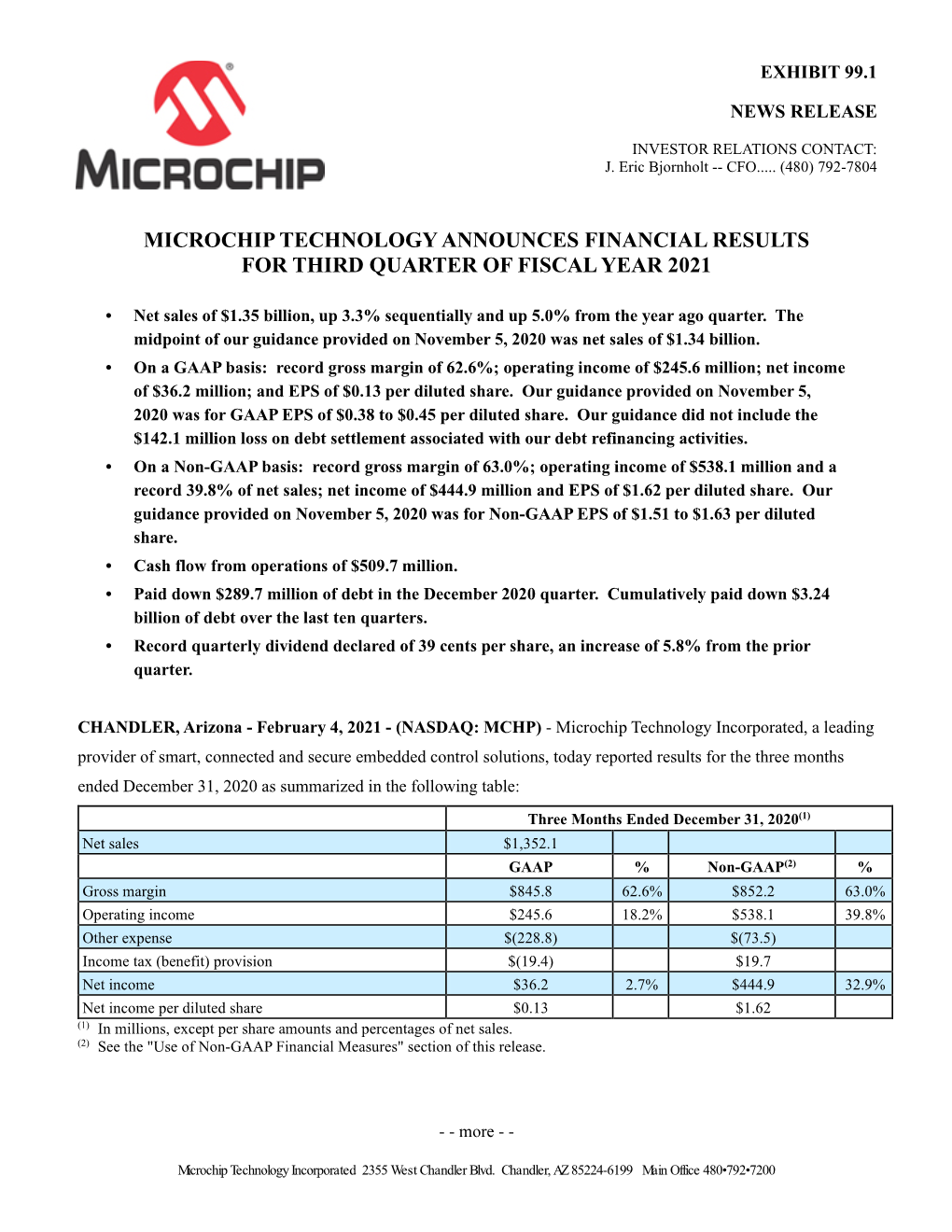 Microchip Technology Announces Financial Results for Third Quarter of Fiscal Year 2021