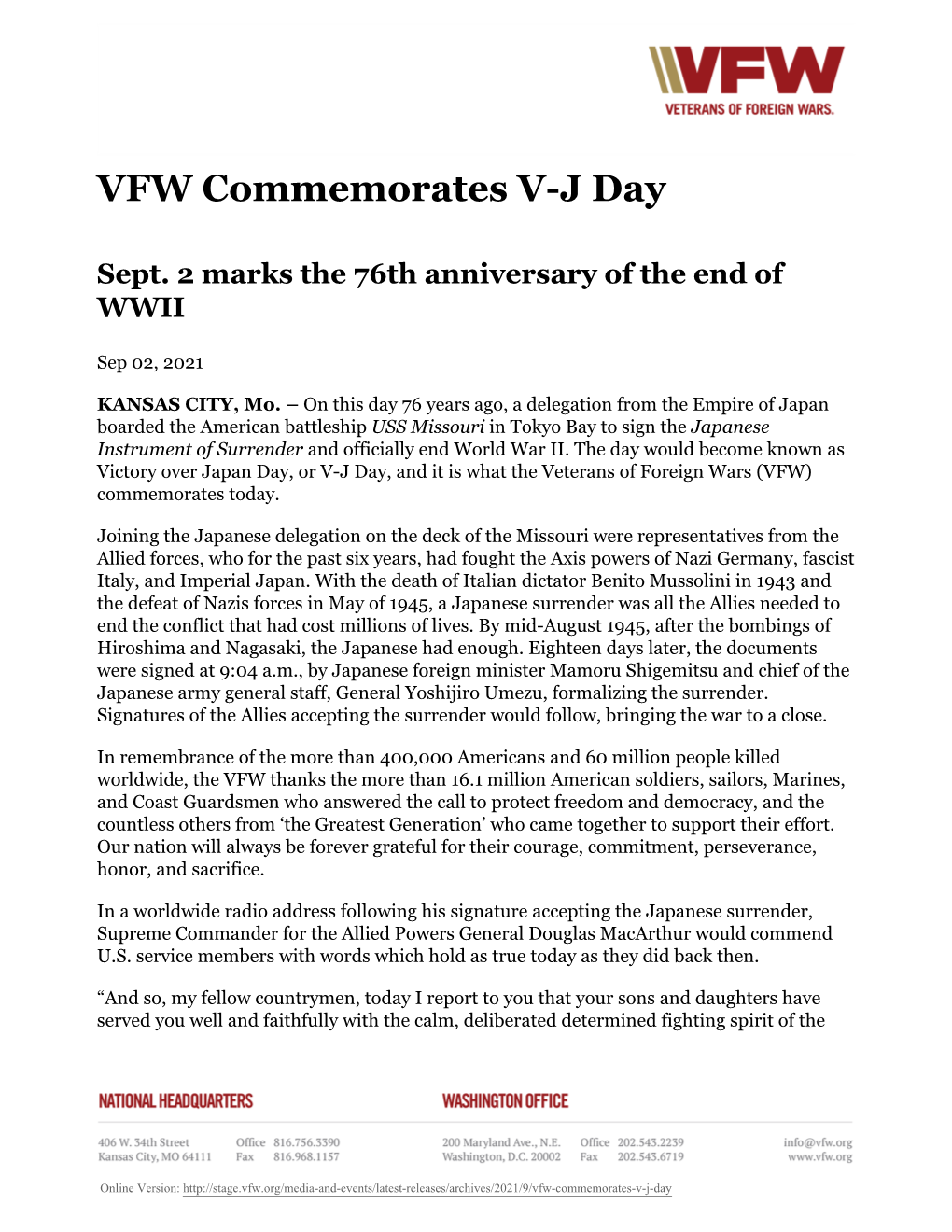VFW Commemorates V-J Day