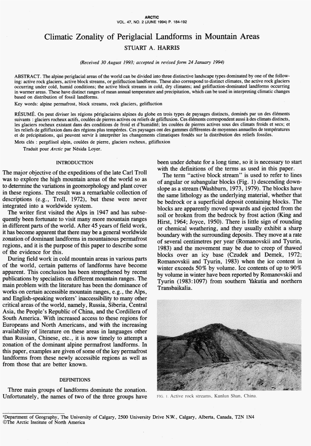 Climatic Zonality of Periglacial Landforms in Mountain Areas STUART A