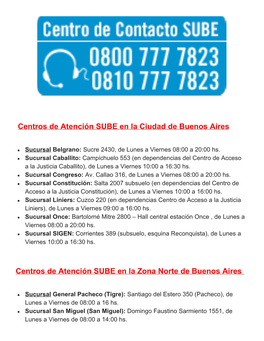 Centros De Atención SUBE En La Ciudad De Buenos Aires