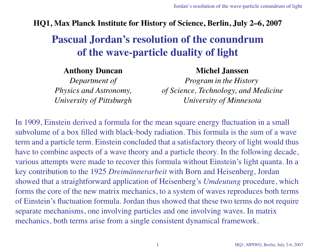 Pascual Jordan's Resolution of the Conundrum of the Wave-Particle