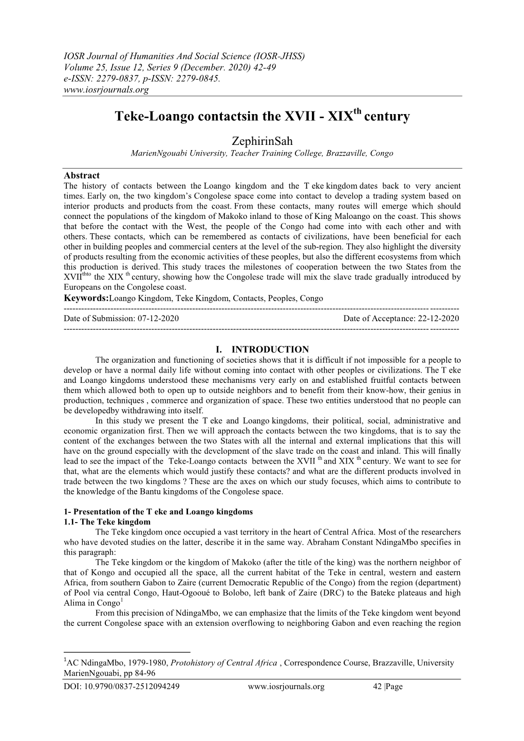 Teke-Loango Contactsin the XVII - Xixth Century