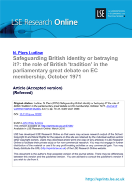 The Role of British 'Tradition' in the Parliamentary Great Debate on EC Membership, October 1971