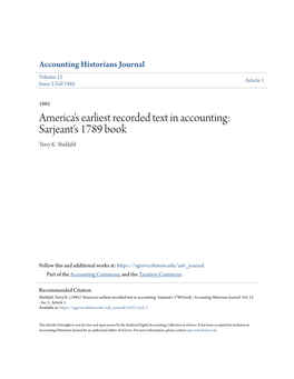 America's Earliest Recorded Text in Accounting: Sarjeant's 1789 Book Terry K