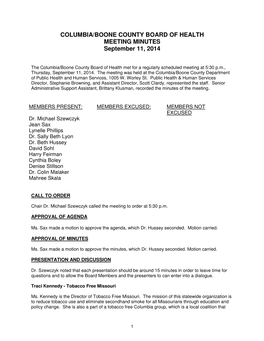 COLUMBIA/BOONE COUNTY BOARD of HEALTH MEETING MINUTES September 11, 2014