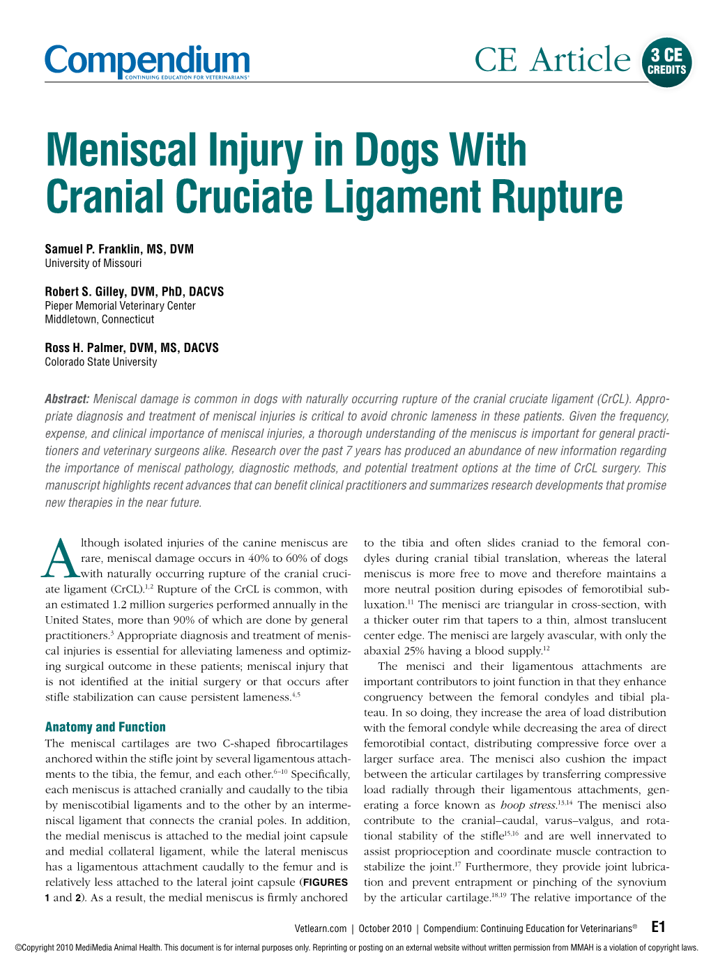 Meniscal Injury in Dogs with Cranial Cruciate Ligament Rupture