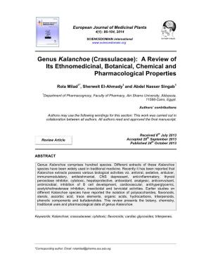 Genus Kalanchoe (Crassulaceae): a Review of Its Ethnomedicinal, Botanical, Chemical and Pharmacological Properties