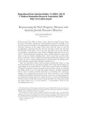 Repossessing the Past? Property, Memory and Austrian Jewish Narrative Histories