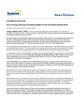 Suncor Energy Announces Successful Acquisition of 72.9% of Canadian Oil Sands Shares