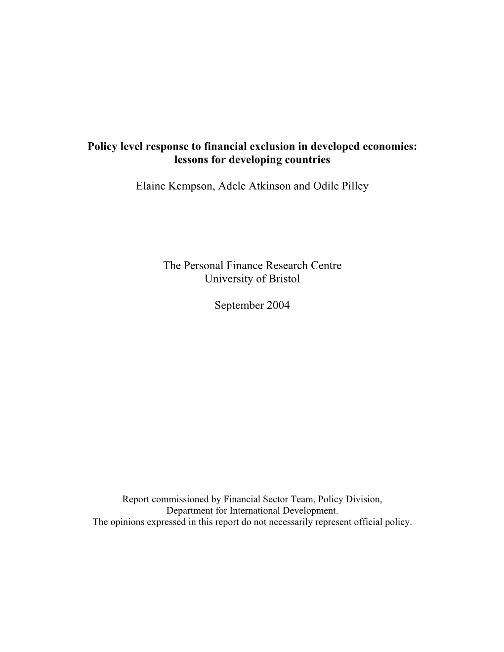 Policy Level Response to Financial Exclusion in Developed Economies: Lessons for Developing Countries