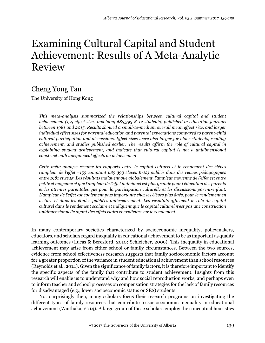 Examining Cultural Capital and Student Achievement: Results of a Meta-Analytic Review