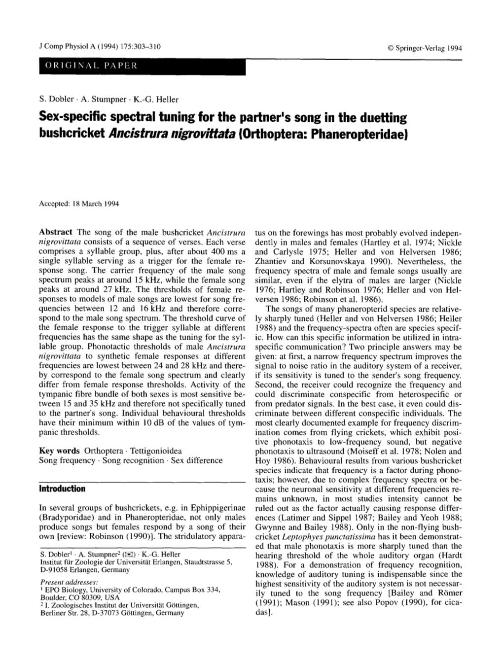 Sex-Specific Spectral Tuning for the Partner's Song in the Duetting Bushcricket Ancistrura Nigrovittata ( Orthoptera: Phaneropteridae)