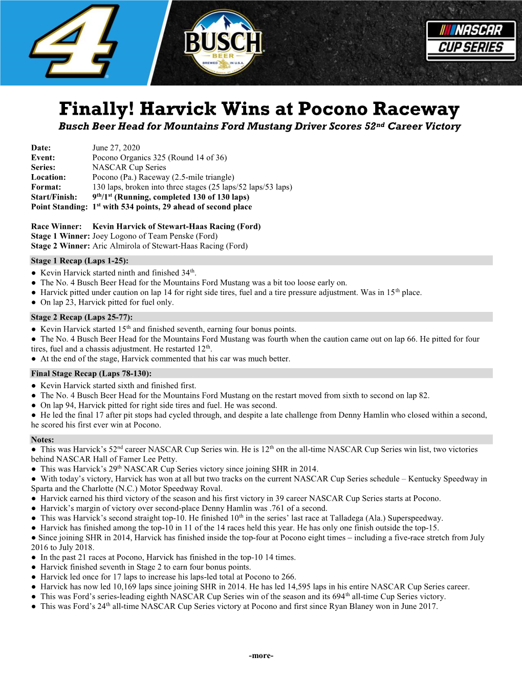 Harvick Wins at Pocono Raceway Busch Beer Head for Mountains Ford Mustang Driver Scores 52Nd Career Victory