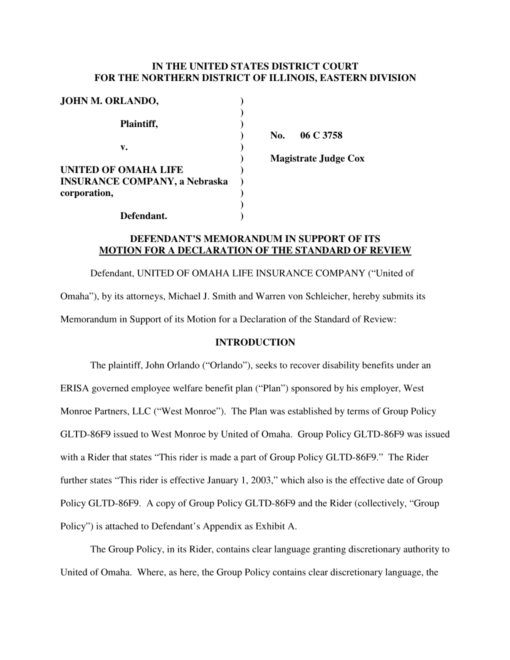 IN the UNITED STATES DISTRICT COURT for the NORTHERN DISTRICT of ILLINOIS, EASTERN DIVISION JOHN M. ORLANDO, ) ) Plaintiff