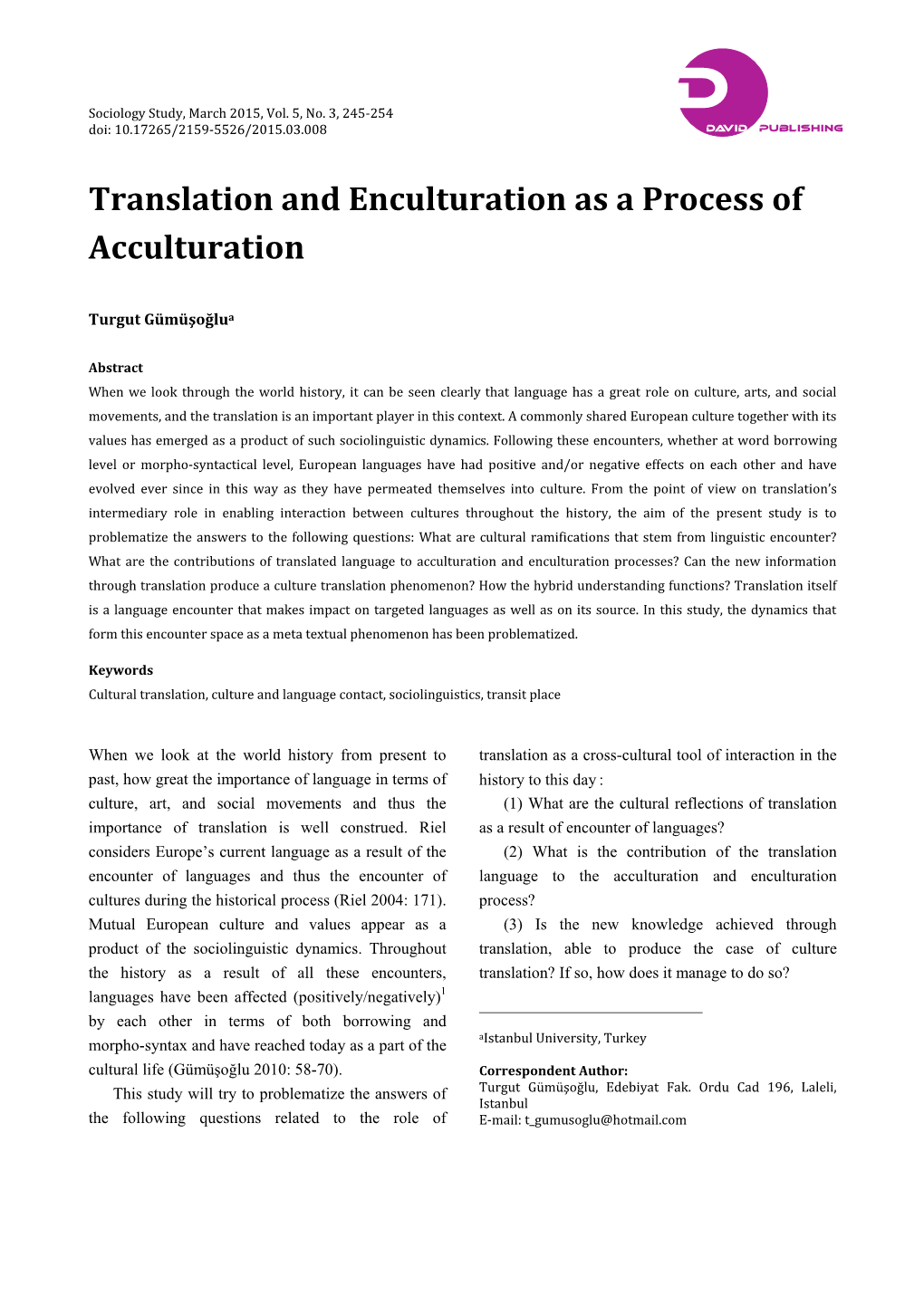 Translation and Enculturation As a Process of Acculturation