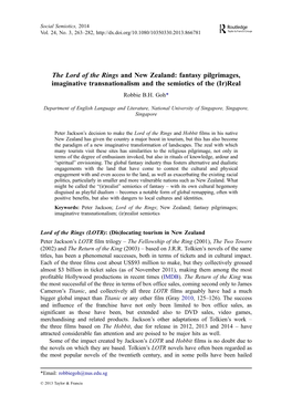 The Lord of the Rings and New Zealand: Fantasy Pilgrimages, Imaginative Transnationalism and the Semiotics of the (Ir)Real Robbie B.H