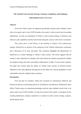 Journal of Intelligence and Cyber Security 1 the Turkish Cyber Security Strategy: Structure, Legislation, and Challenges Emin Da