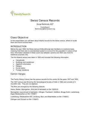 Swiss Census Records Sonja Nishimoto AG® Familysearch Nishimotosr@Familysearch.Org