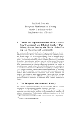 Feedback from the European Mathematical Society on the Guidance on the Implementation of Plan S