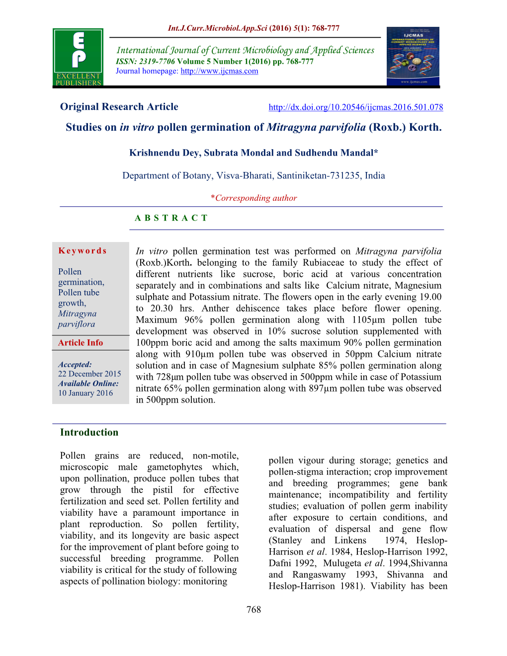 Studies on in Vitro Pollen Germination of Mitragyna Parvifolia (Roxb.) Korth