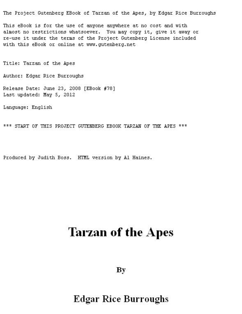 Tarzan of the Apes, by Edgar Rice Burroughs