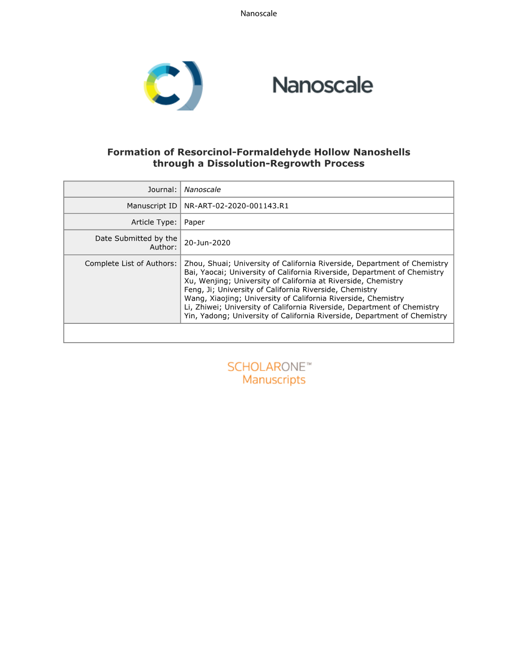 Formation of Resorcinol-Formaldehyde Hollow Nanoshells Through a Dissolution-Regrowth Process