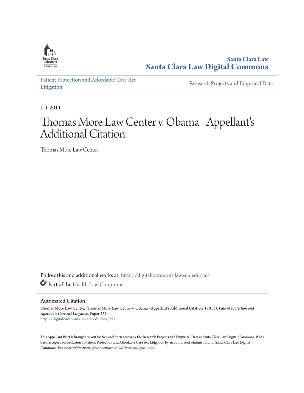 Thomas More Law Center V. Obama - Appellant's Additional Citation Thomas More Law Center