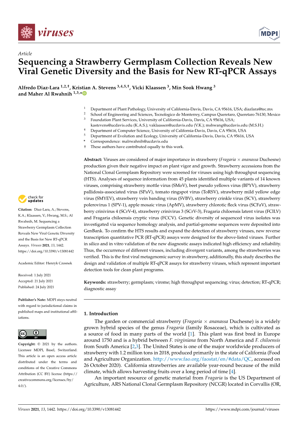 Sequencing a Strawberry Germplasm Collection Reveals New Viral Genetic Diversity and the Basis for New RT-Qpcr Assays