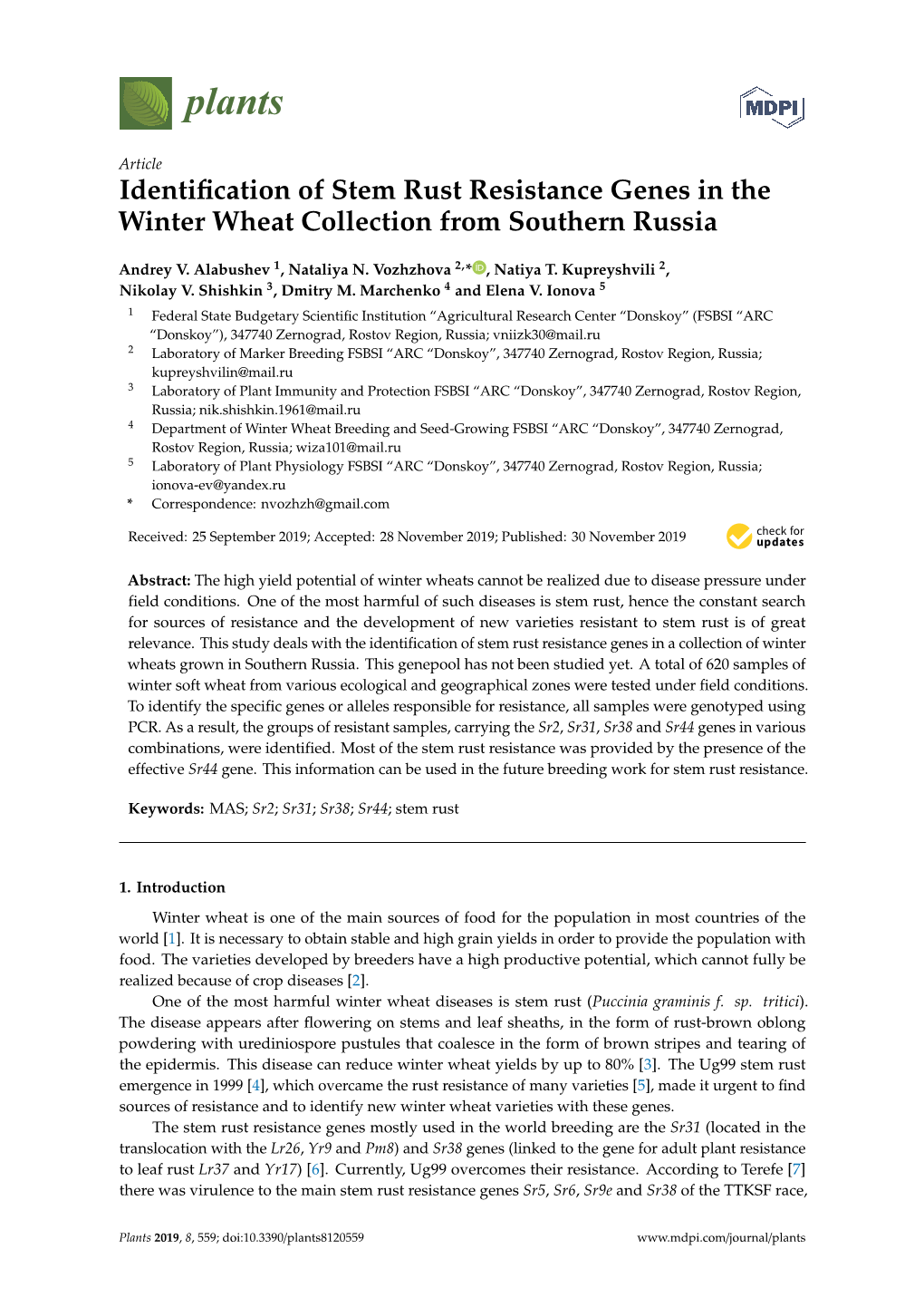 Identification of Stem Rust Resistance Genes in the Winter Wheat