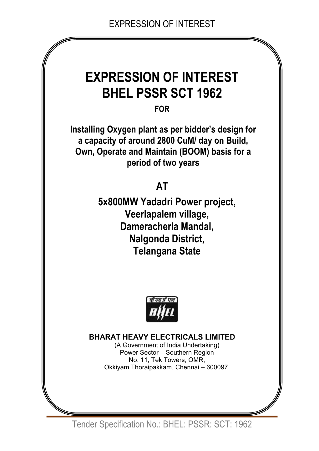 Expression of Interest Bhel Pssr Sct 1962 For