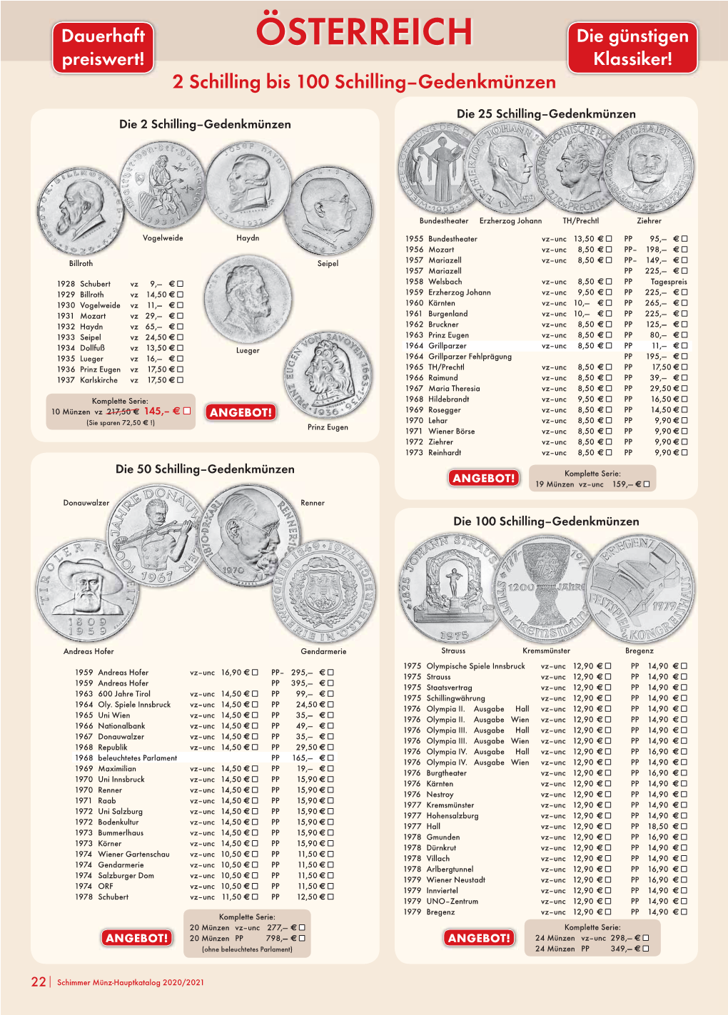 ÖSTERREICH Die Günstigen Preiswert! Klassiker! 2 Schilling Bis 100 Schilling–Gedenkmünzen