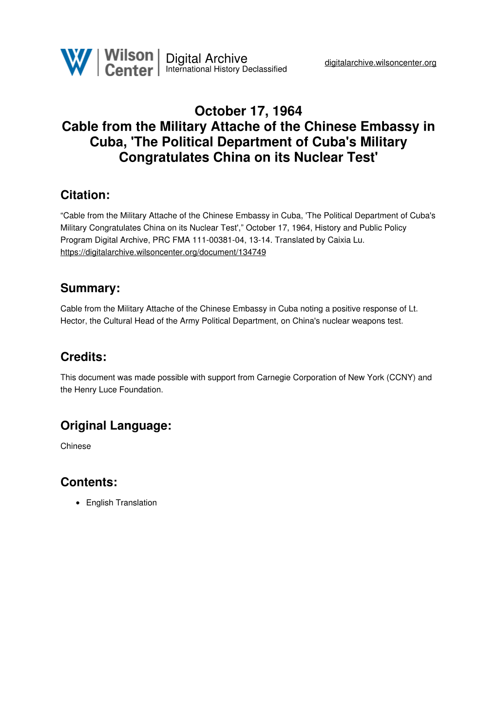 October 17, 1964 Cable from the Military Attache of the Chinese Embassy in Cuba, 'The Political Department of Cuba's Military Congratulates China on Its Nuclear Test'