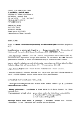 CURRICULUM VITAE FORMATIVO ALESSANDRA BOLOGNESI Residenza: Via Martiri Della Libertà, 88 48024 Massa Lombarda (Ra) Tel: 0545 8