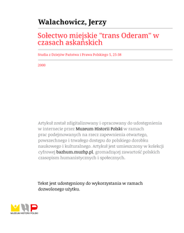 Sołectwo Miejskie „Trans Oder Am" W Czasach Askańskich