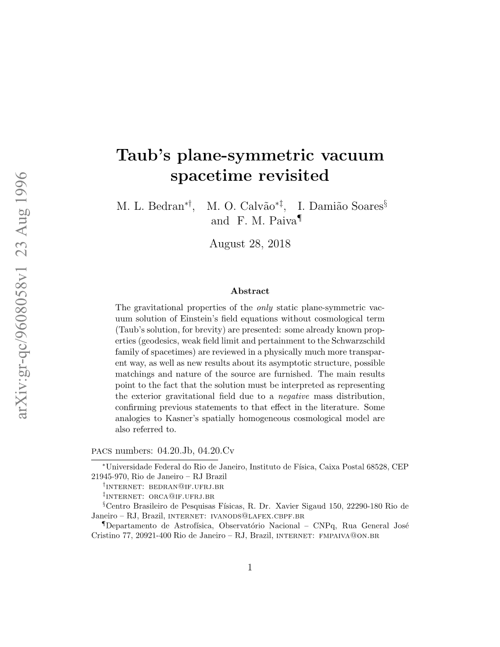 Taub's Plane-Symmetric Vacuum Spacetime Revisited