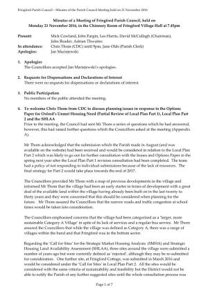 Minutes of a Meeting of Fringford Parish Council, Held on Monday 21 November 2016, in the Chinnery Room of Fringford Village Hall at 7.45Pm
