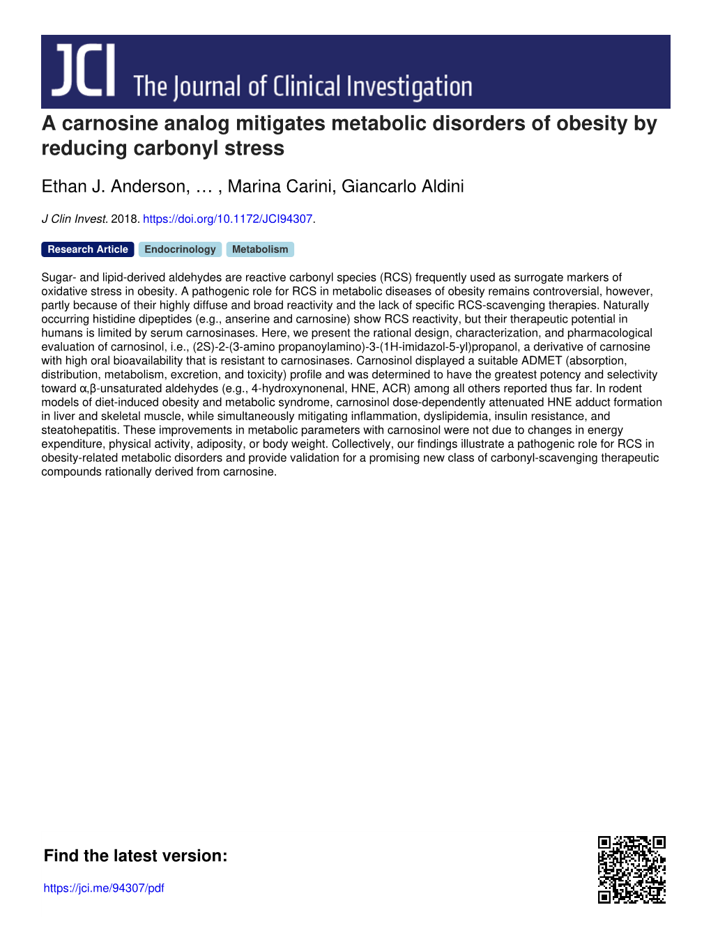 A Carnosine Analog Mitigates Metabolic Disorders of Obesity by Reducing Carbonyl Stress