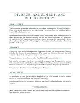 Divorce, Annulment, and Child Custody