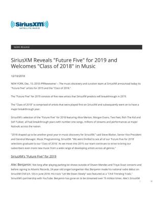 Siriusxm Reveals "Future Five" for 2019 and Welcomes "Class of 2018" in Music