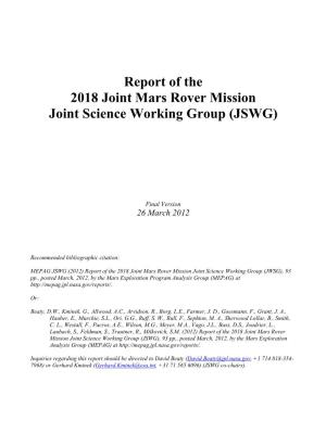 Report of the 2018 Joint Mars Rover Mission Joint Science Working Group (JSWG)