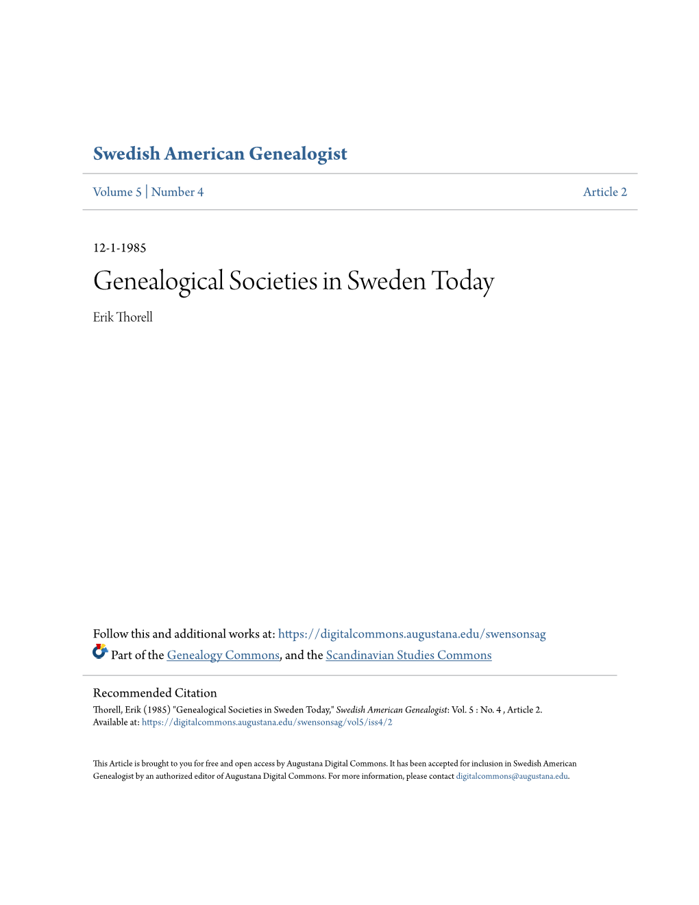 Genealogical Societies in Sweden Today Erik Thorell
