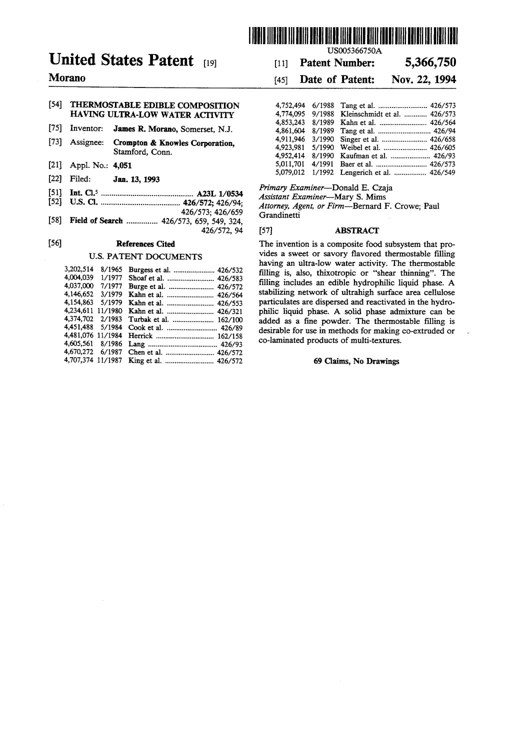 United States Patent (19) 11 Patent Number: 5,366,750 Morano 45 Date of Patent: Nov