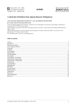 Zootaxa, a Check-List of Ensifera from Algeria (Insecta: Orthoptera)