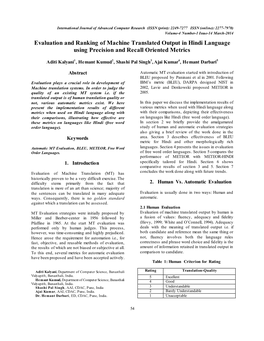 Evaluation and Ranking of Machine Translated Output in Hindi Language Using Precision and Recall Oriented Metrics