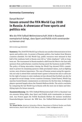 Issues Around the FIFA World Cup 2018 in Russia: a Showcase of How Sports and Politics Mix