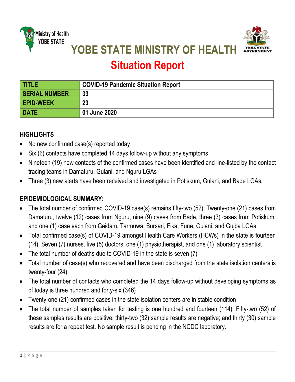 YOBE STATE MINISTRY of HEALTH Situation Report