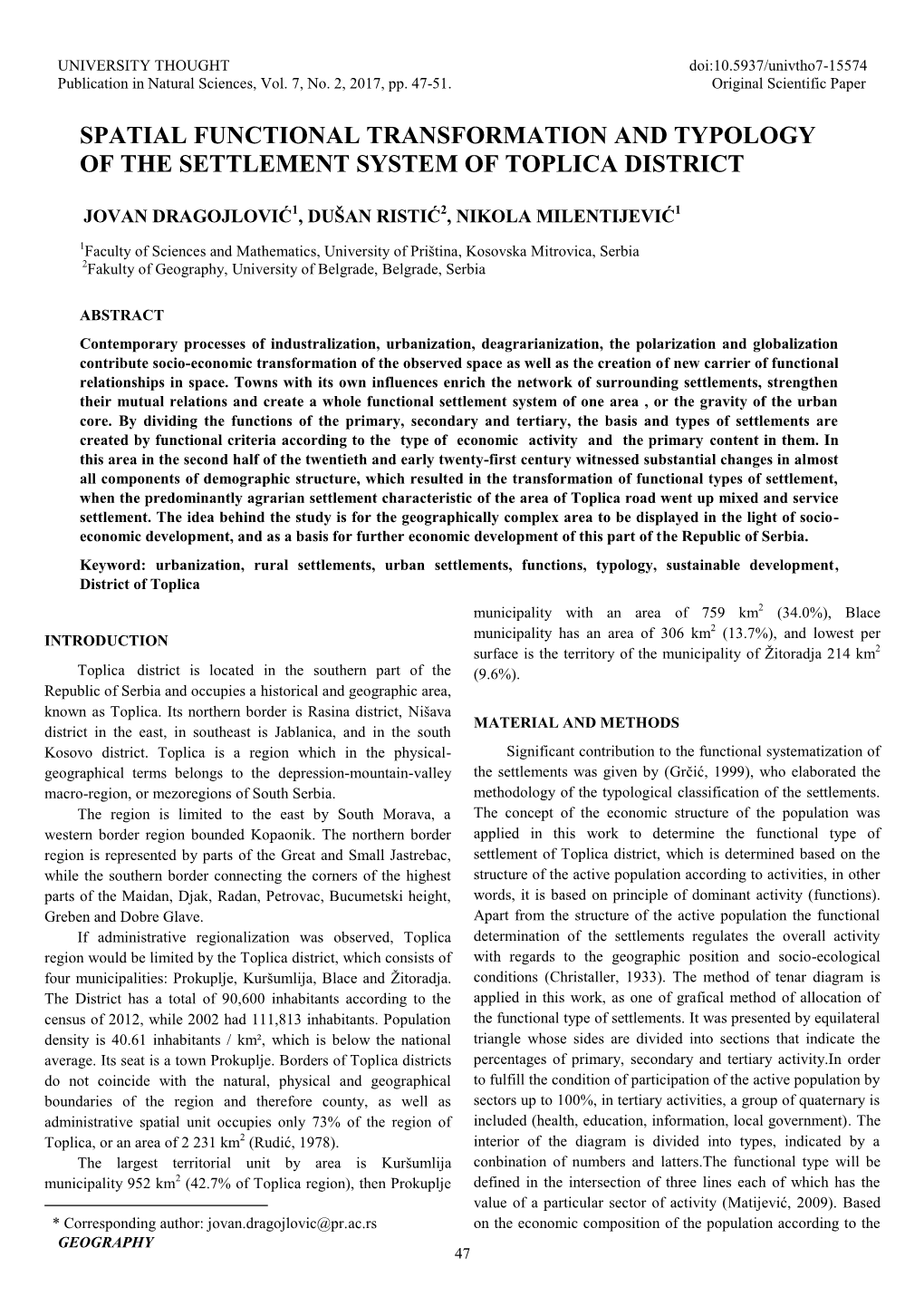 Spatial Functional Transformation and Typology of the Settlement System of Toplica District